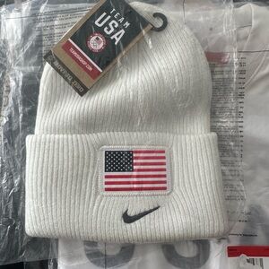 Nike White Beanie with American Flag Patch
